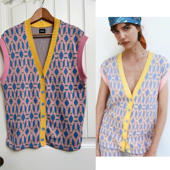 Zara Pink Blue Yellow Oversized Jacquard Buttoned Sweater Vest. Size M - Picture 1 of 6
